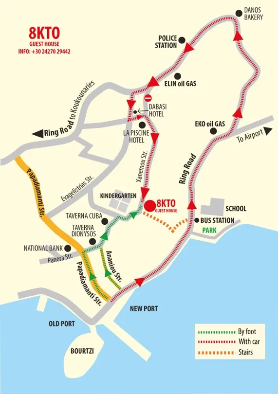 Map of Skiathos Town with the routes from the port to 8kto Guest House on foot, by car and by the steps